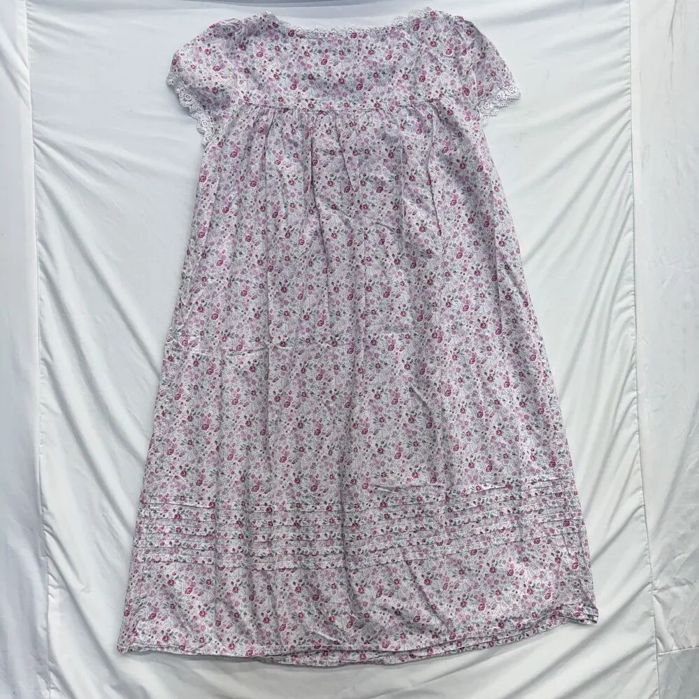 Eileen West Women’s Floral Cotton Nightgown M Pink White Lace Pintuck Button